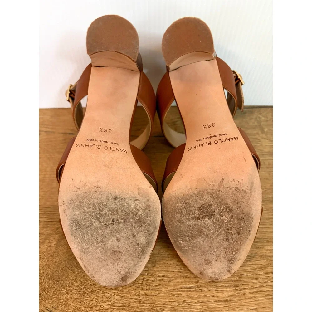 Manolo Blahnik Gorham Brown Leather Slingback Block Heel Sandals 38.5 8.5